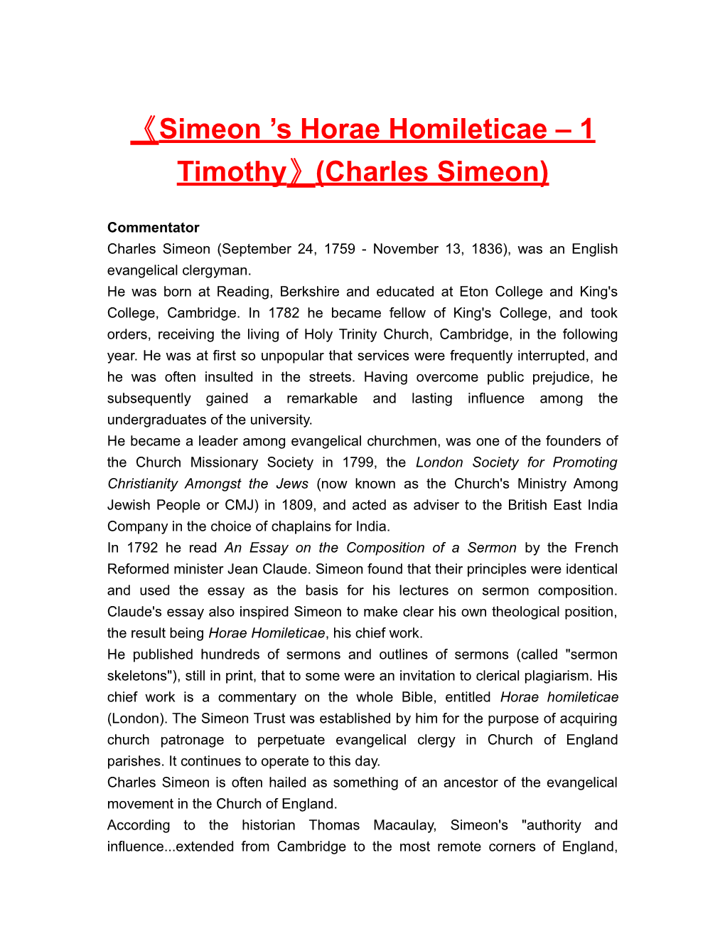 Simeon S Horae Homileticae 1 Timothy (Charles Simeon)