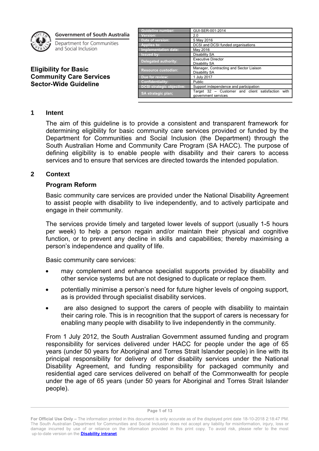 Eligibility for Basic Community Care Services Sector-Wide Guideline - DIS