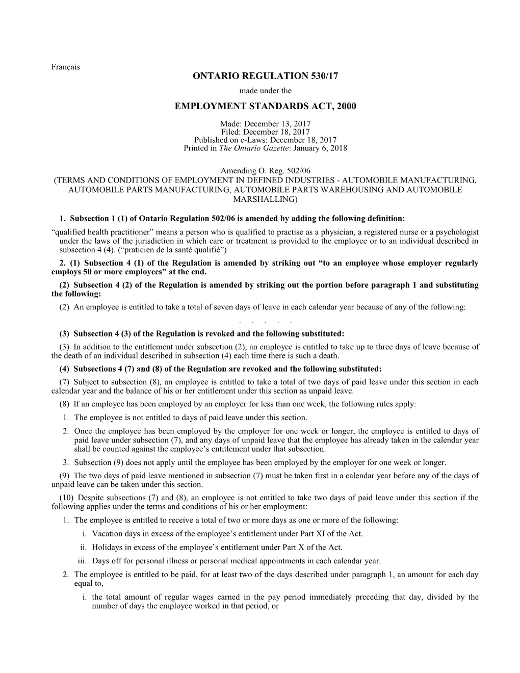 EMPLOYMENT STANDARDS ACT, 2000 - O. Reg. 530/17