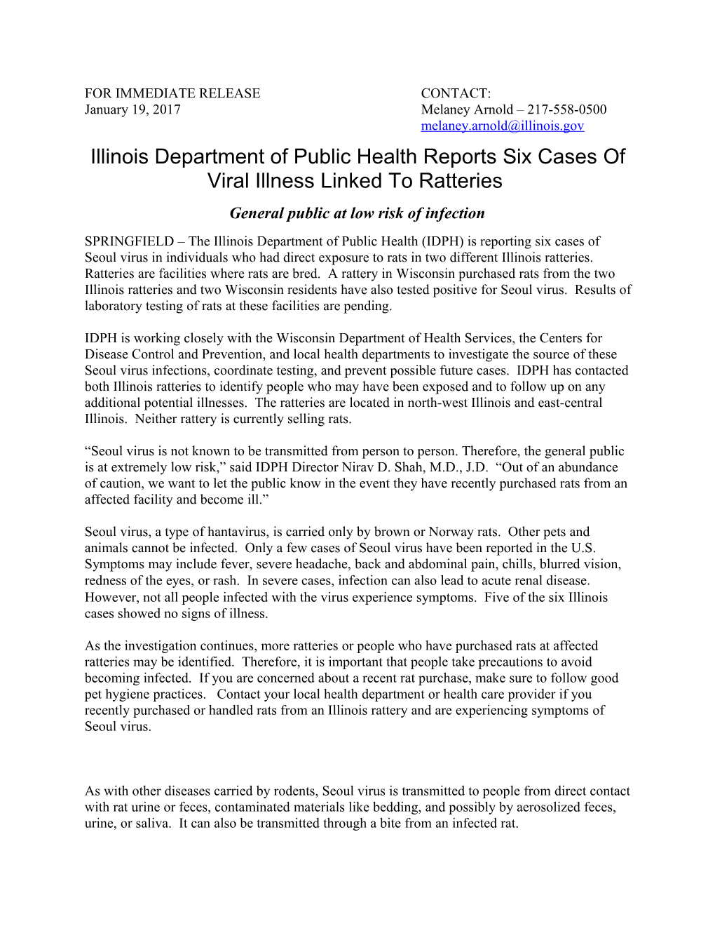 Illinois Department of Public Health Reports Six Cases of Viral Illness Linked to Ratteries