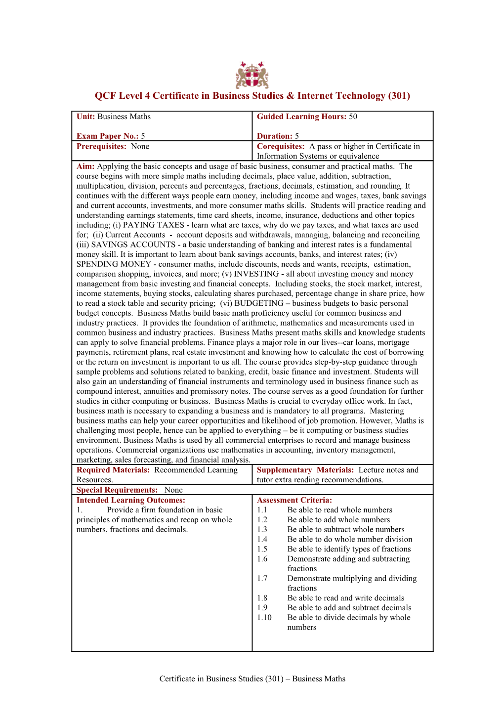 Introduction to Computers Learning Hours Information Sheet