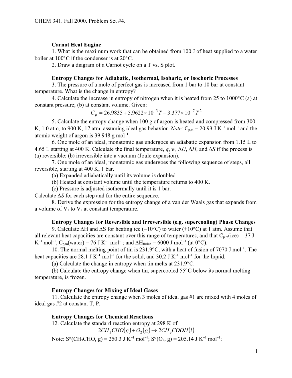 CHEM 341. Fall 2000. Problem Set #4