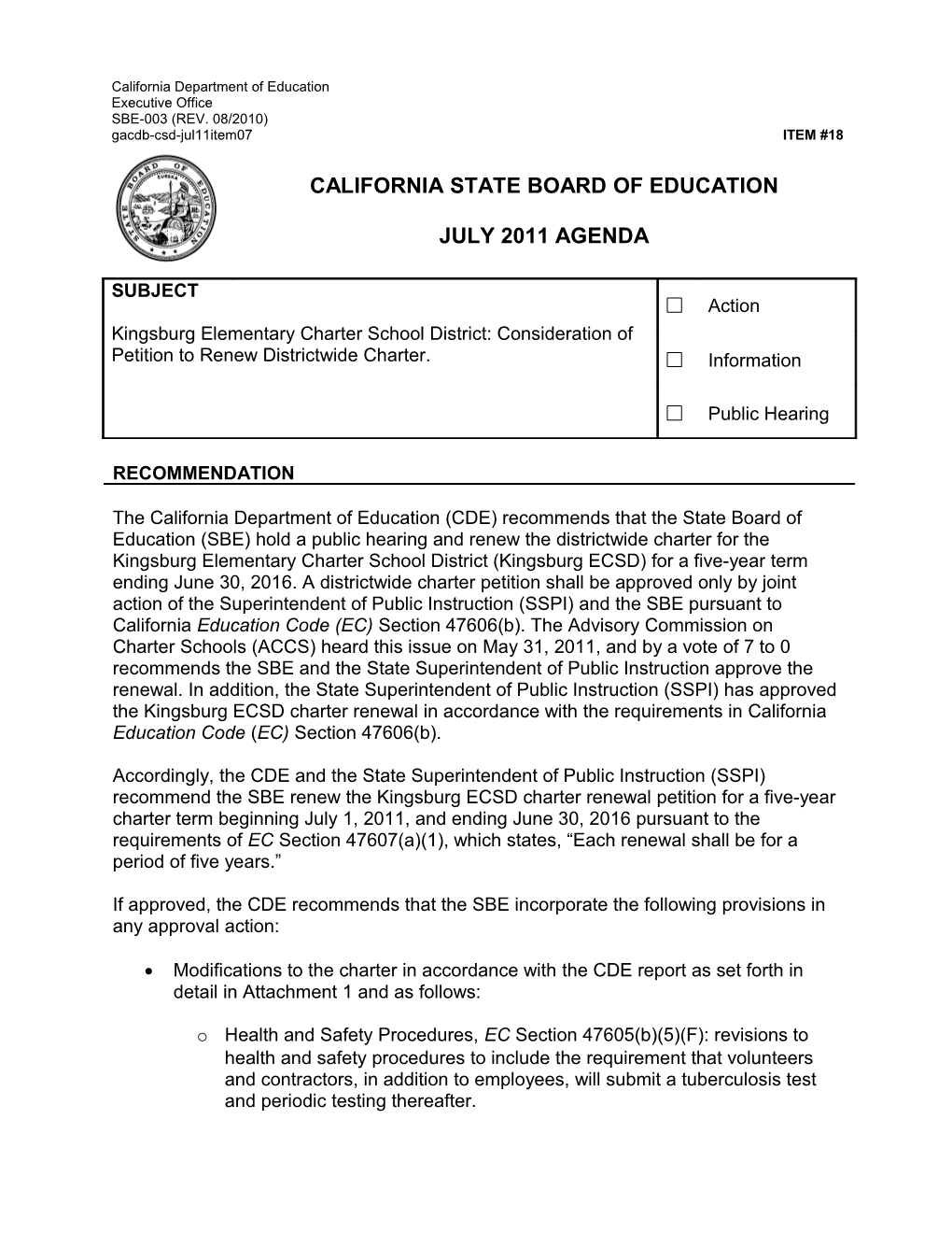 July 2011 Agenda Item 18 - Meeting Agendas (CA State Board of Education)