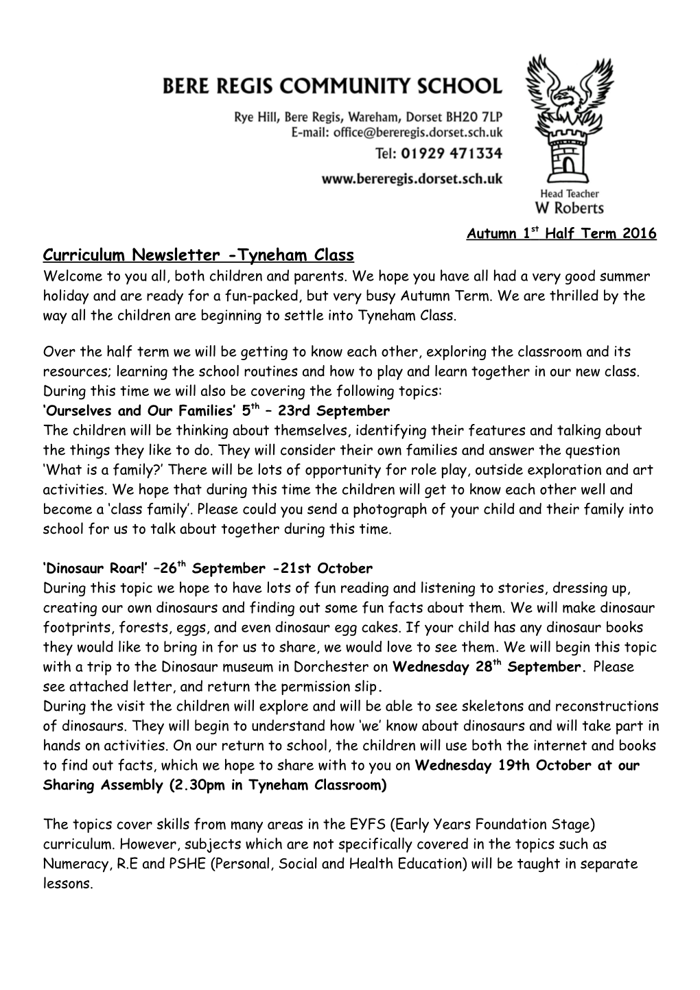 Curriculum Newsletter -Tyneham Class