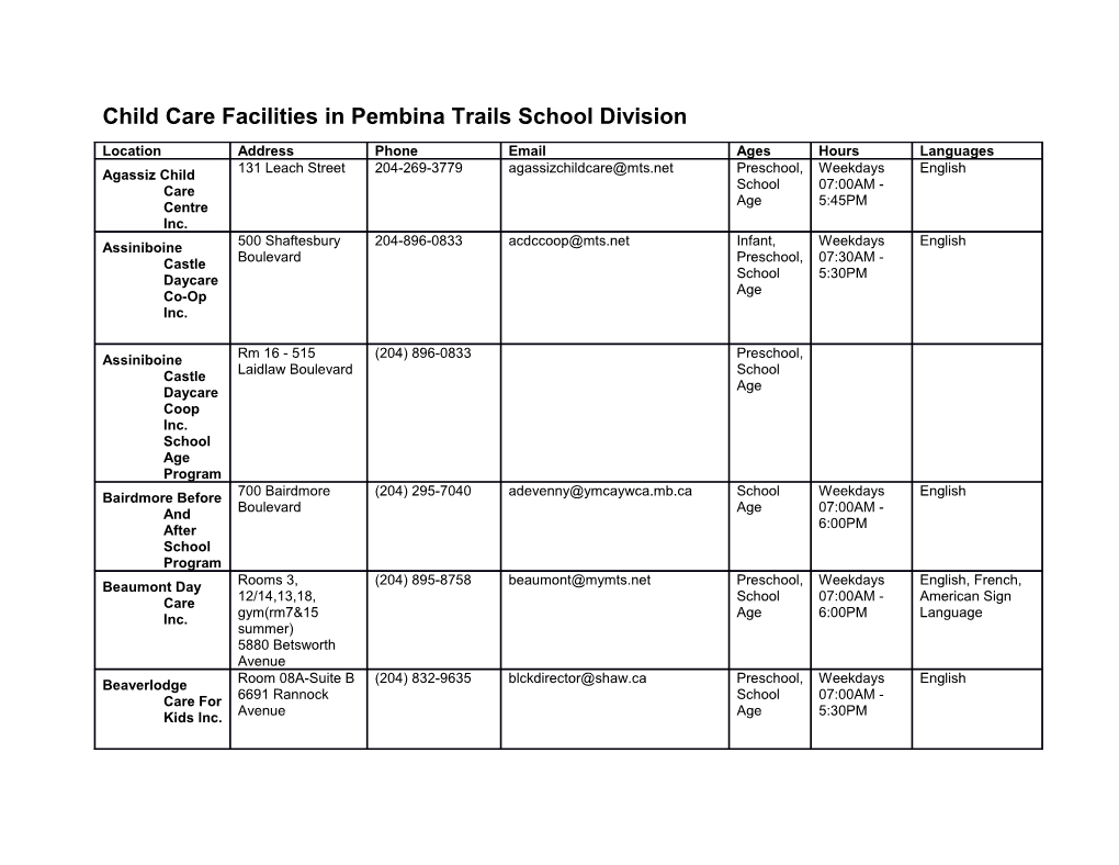 Child Care Facilities in Pembina Trails School Division