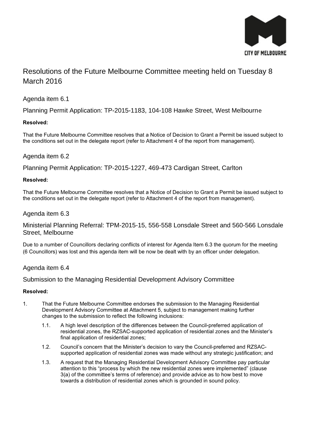 Resolutions of the Future Melbourne Committee Meeting Held on Tuesday 8 March 2016