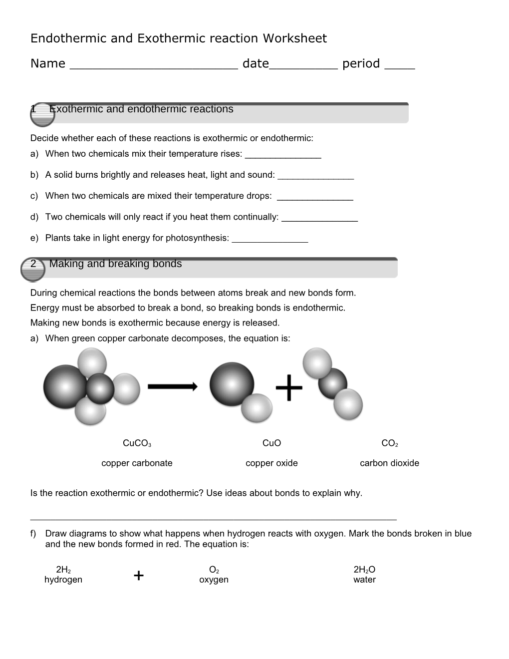 Endothermic and Exothermic Reaction Worksheet