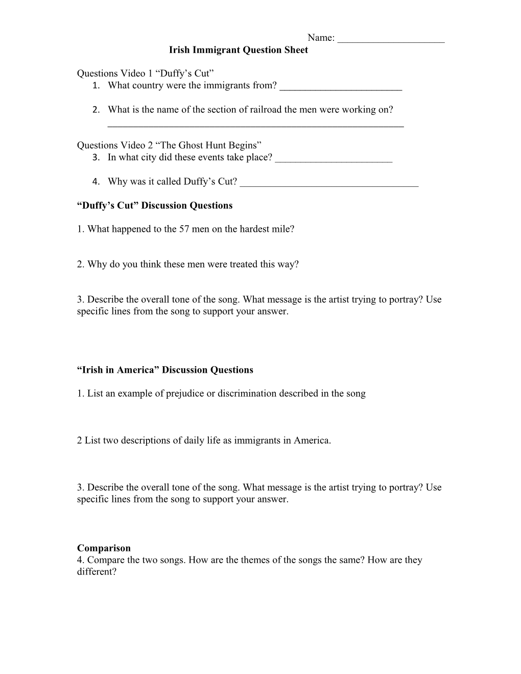 Irish Immigrant Question Sheet