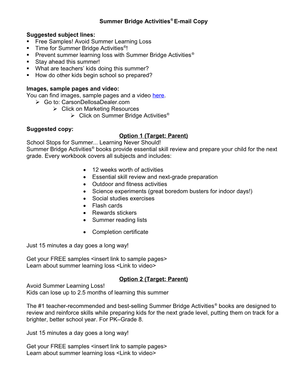 Summer Bridge Activities E-Mail Copy