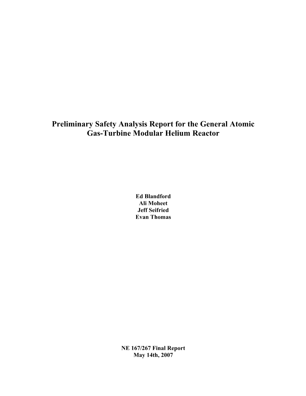 Preliminary Safety Analysis Report for the General Atomic Gas-Turbine Modular Helium Reactor