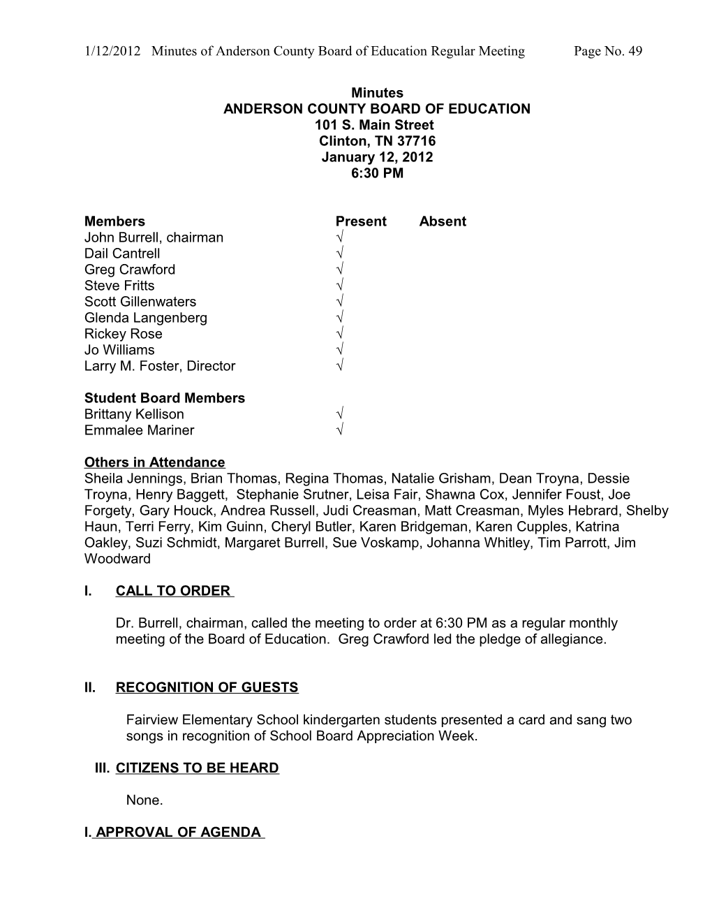 1/12/2012 Minutes of Anderson County Board of Education Regular Meeting Page No. 1