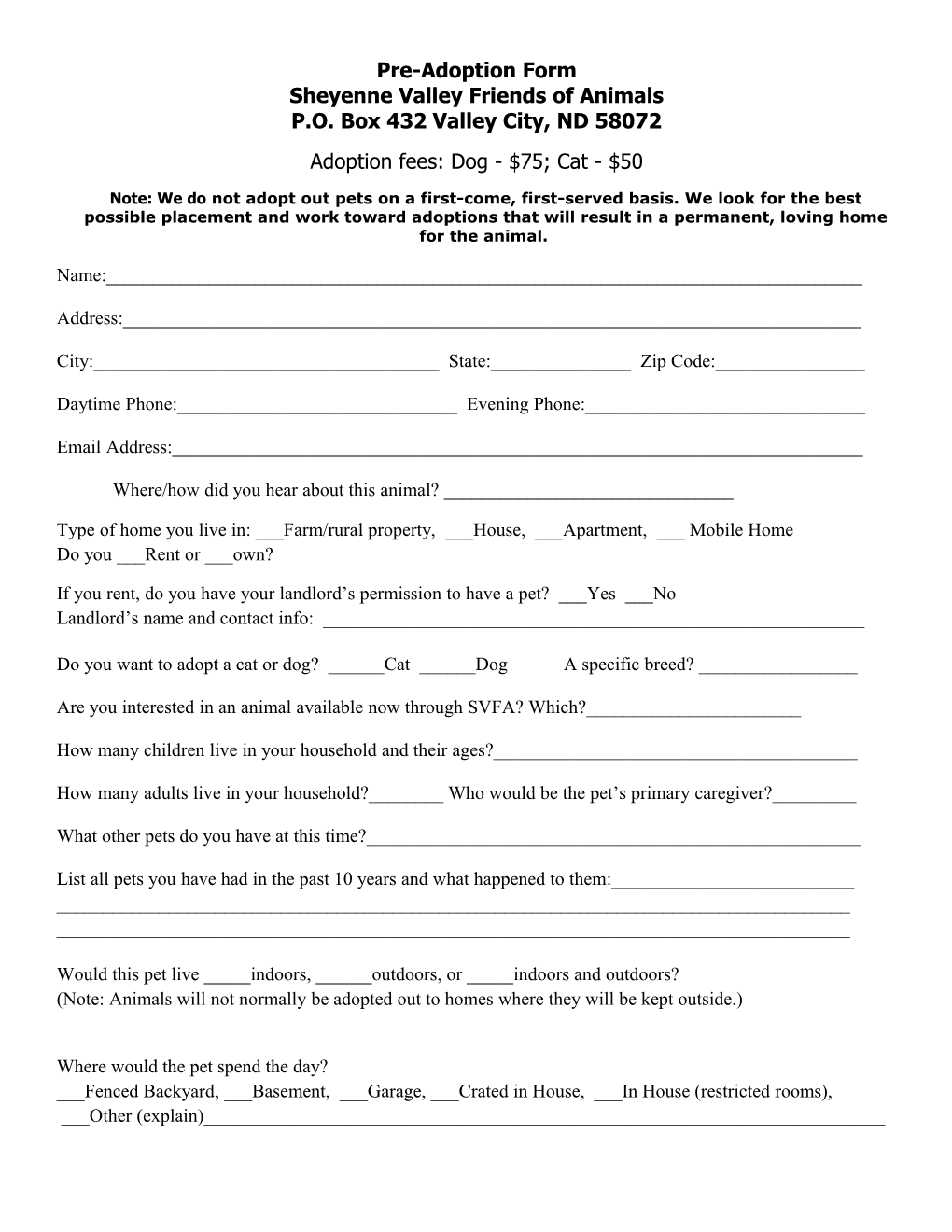 Pet Adoption Form