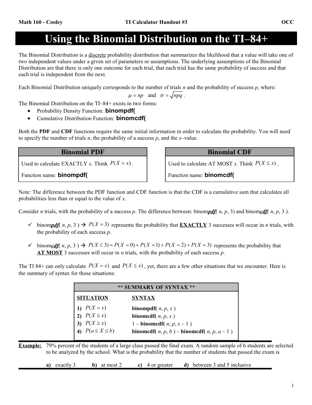 Math 160 - TI Calculator Handout #3