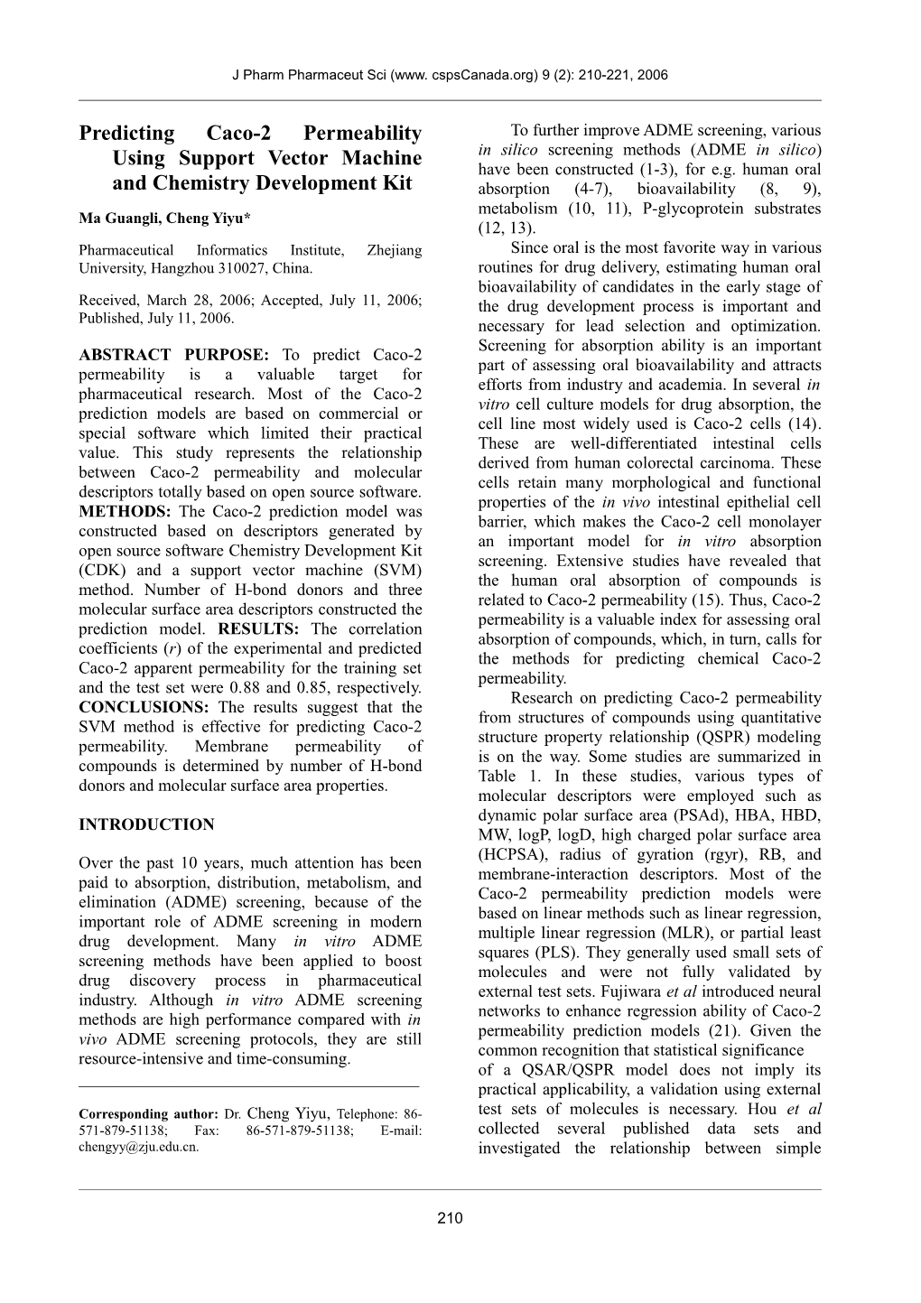 Predicting Caco-2 Permeability Using Support Vector Machine and CDK