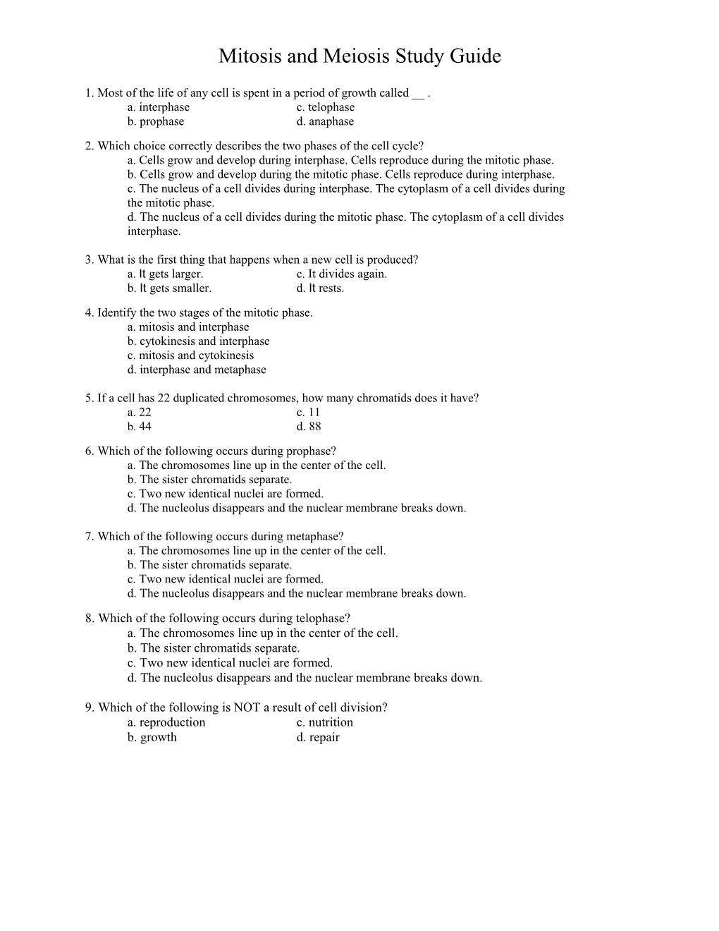 Mitosis and Meiosis Study Guide