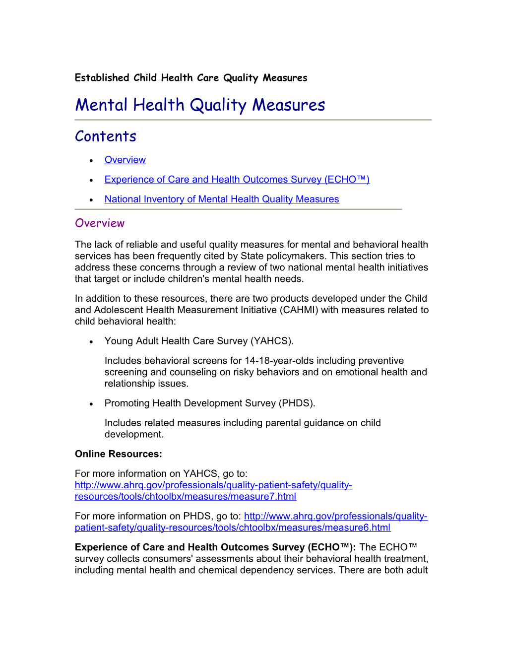 Mental Health Quality Measures