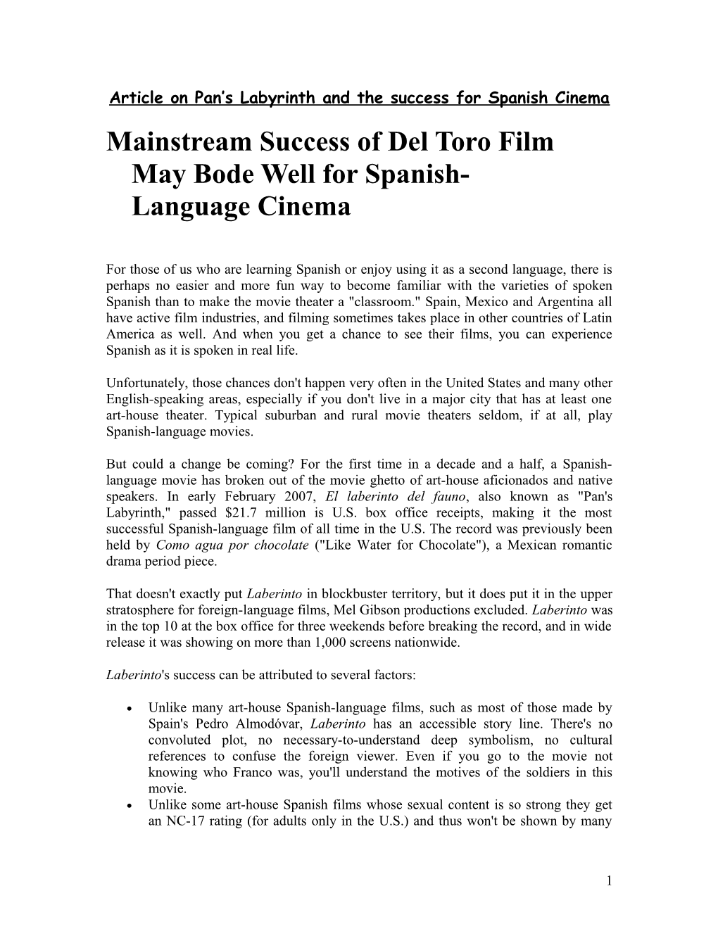 Article on Pan S Labyrinth and the Success for Spanish Cinema