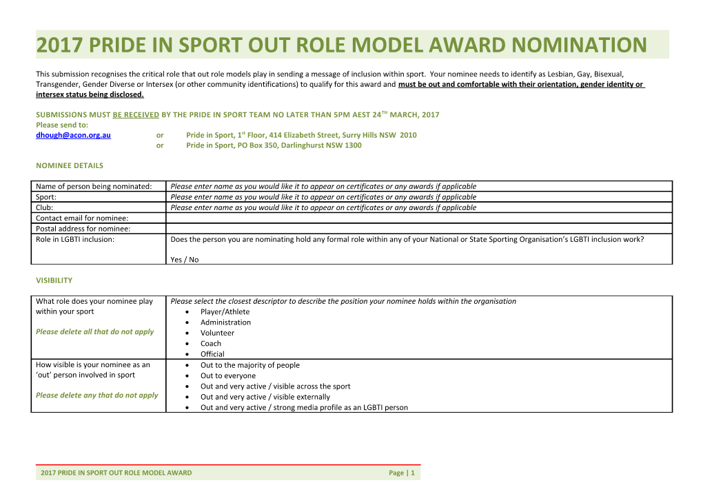 2017 Pride in Sport out Role Modelaward Nomination