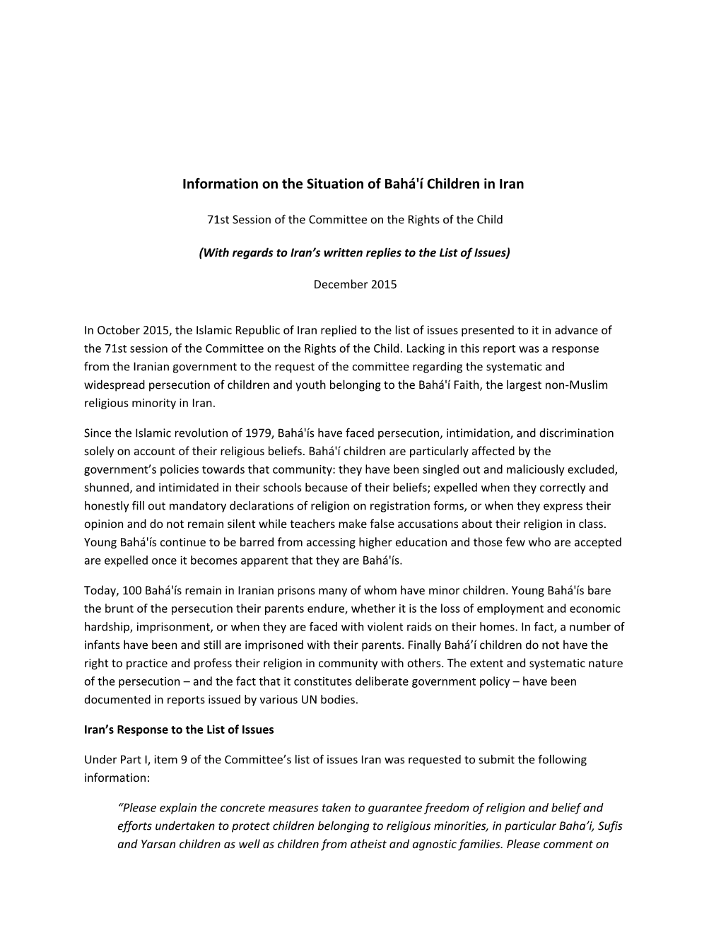 Information on the Situation of Bahá'í Children in Iran