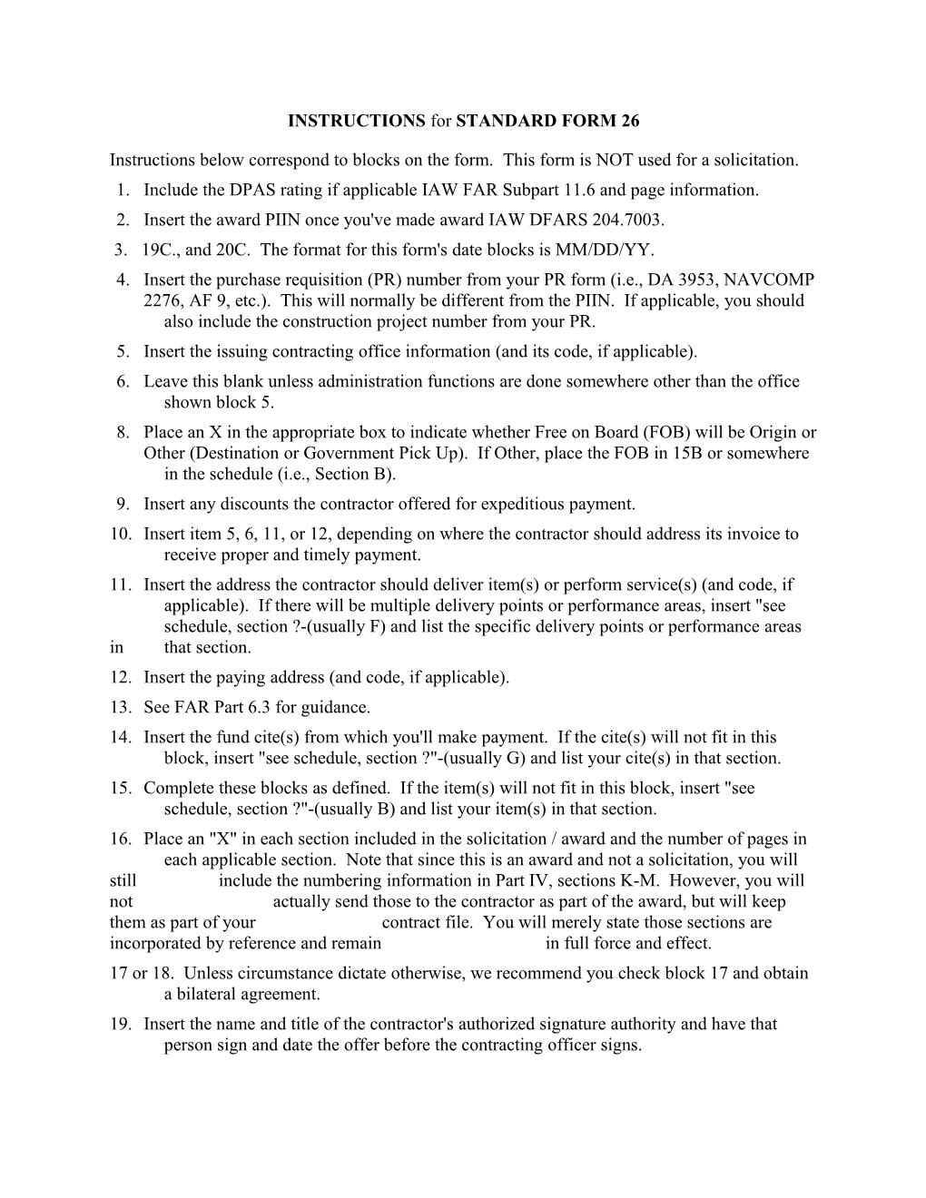 INSTRUCTIONS for STANDARD FORM 26