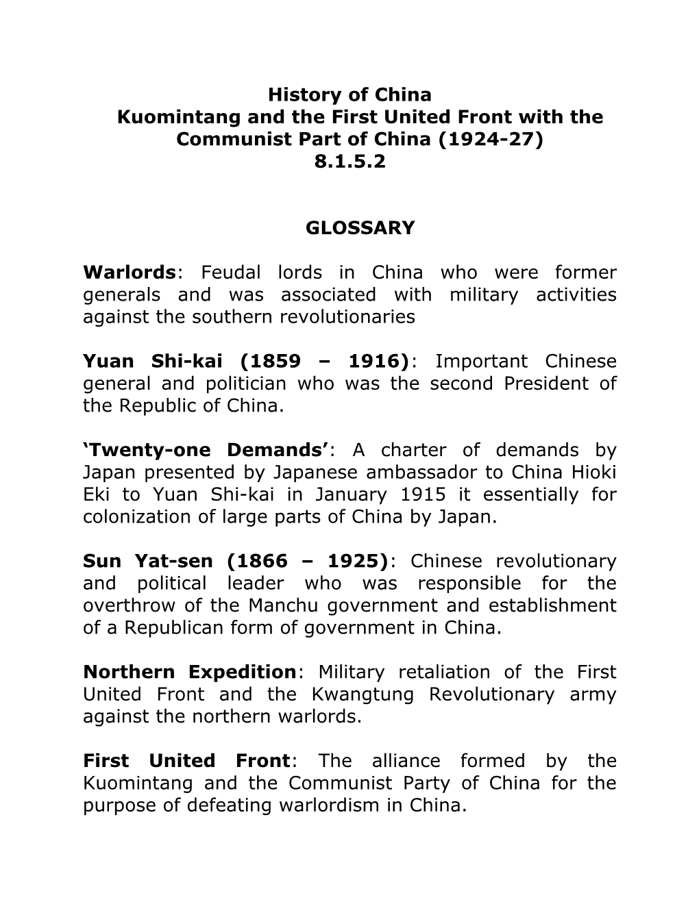 Kuomintang and the First United Front with the Communist Part of China (1924-27)