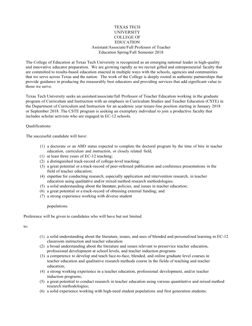 Assistant/Associate/Fullprofessor Ofteachereducationspring/Fallsemester2018