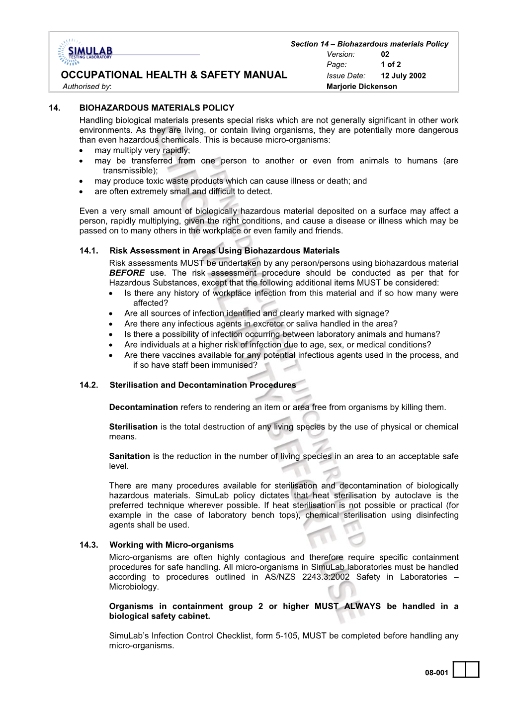 OCCUPATIONAL HEALTH & SAFETY MANUAL Issue Date:12 July 2002