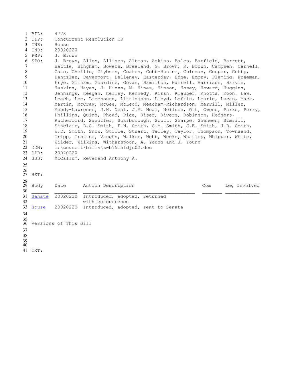 2001-2002 Bill 4778: Mccallum, Reverend Anthony A. - South Carolina Legislature Online