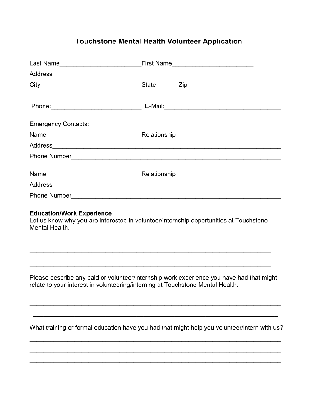 Touchstone Mental Health Volunteer Application