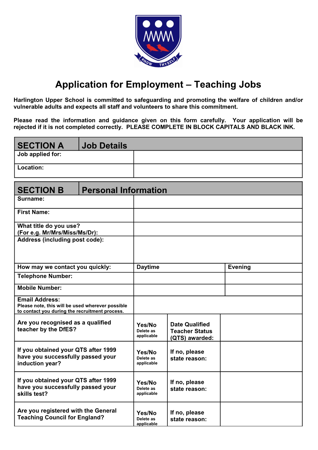 Application for Employment Teaching Jobs