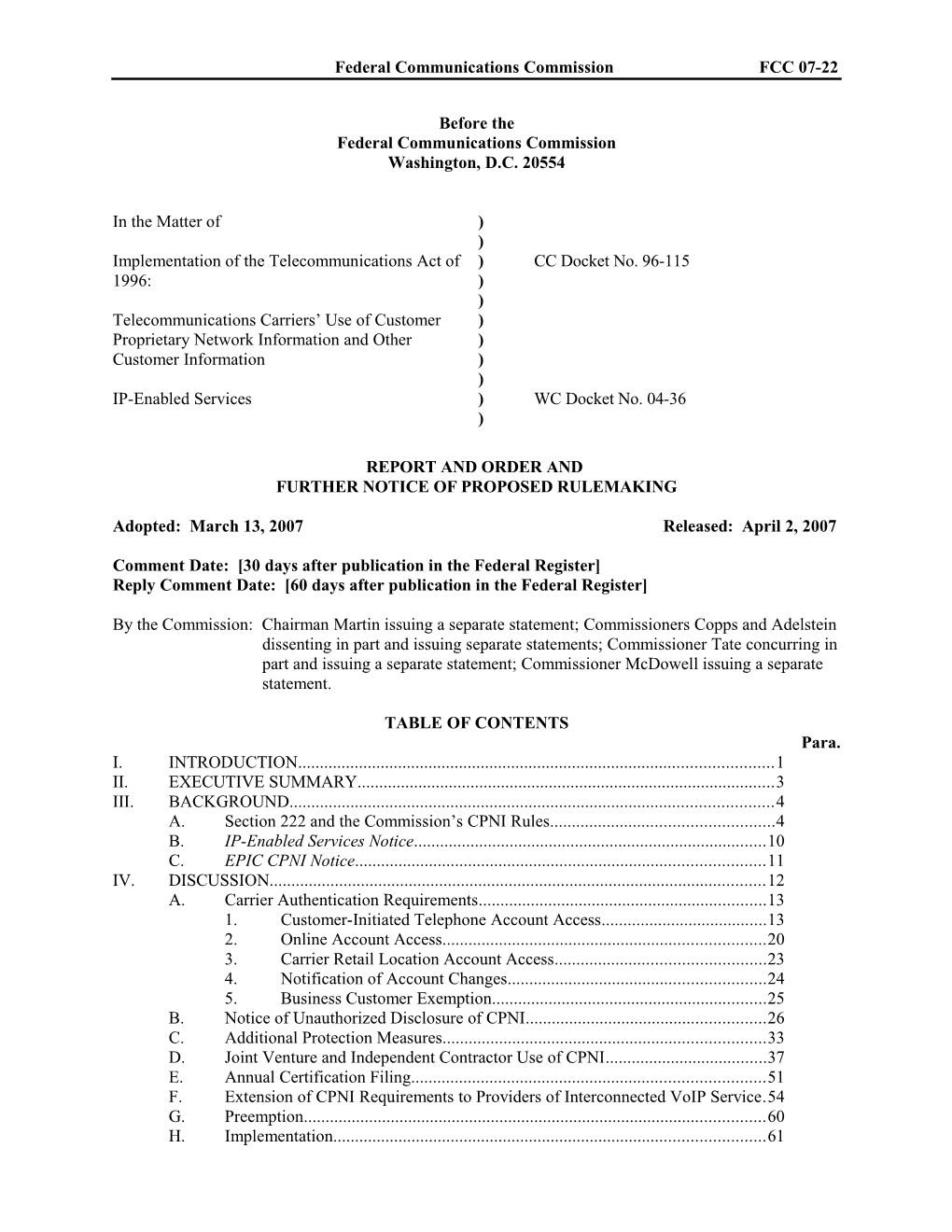 Federal Communications Commission FCC 07-22