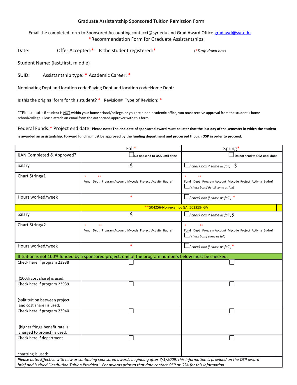 Graduate Assistantship Sponsored Tuition Remission Form