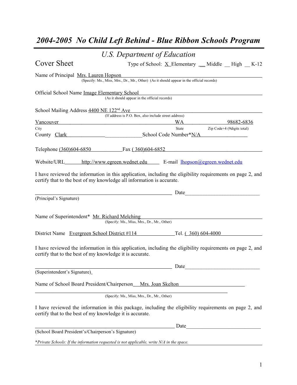 Image Elementary School Application: 2004-2005, No Child Left Behind - Blue Ribbon Schools