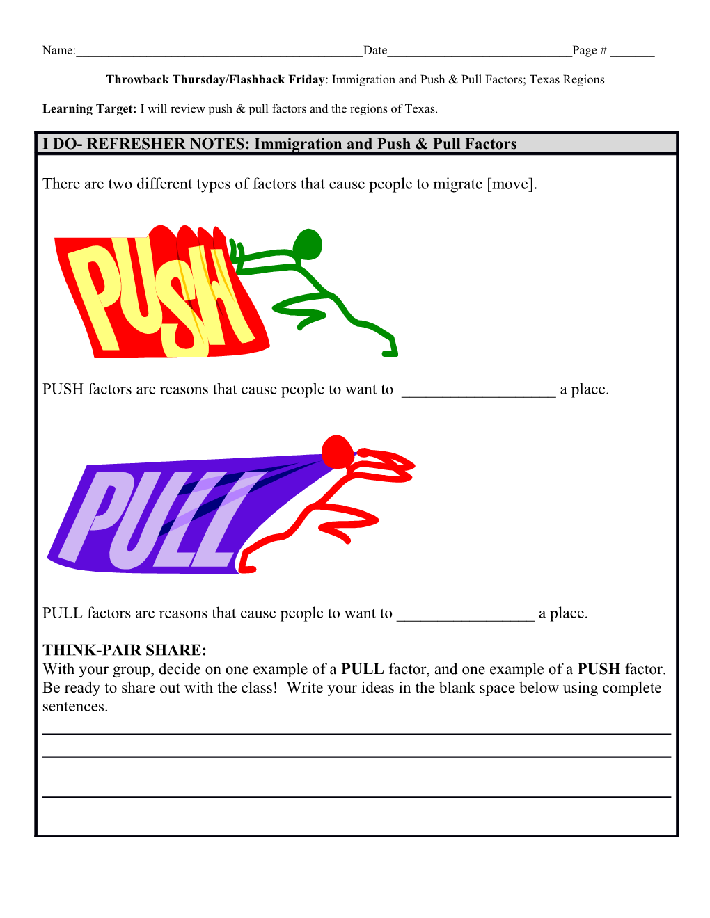 Learning Target: I Will Review Push & Pull Factors and the Regions of Texas