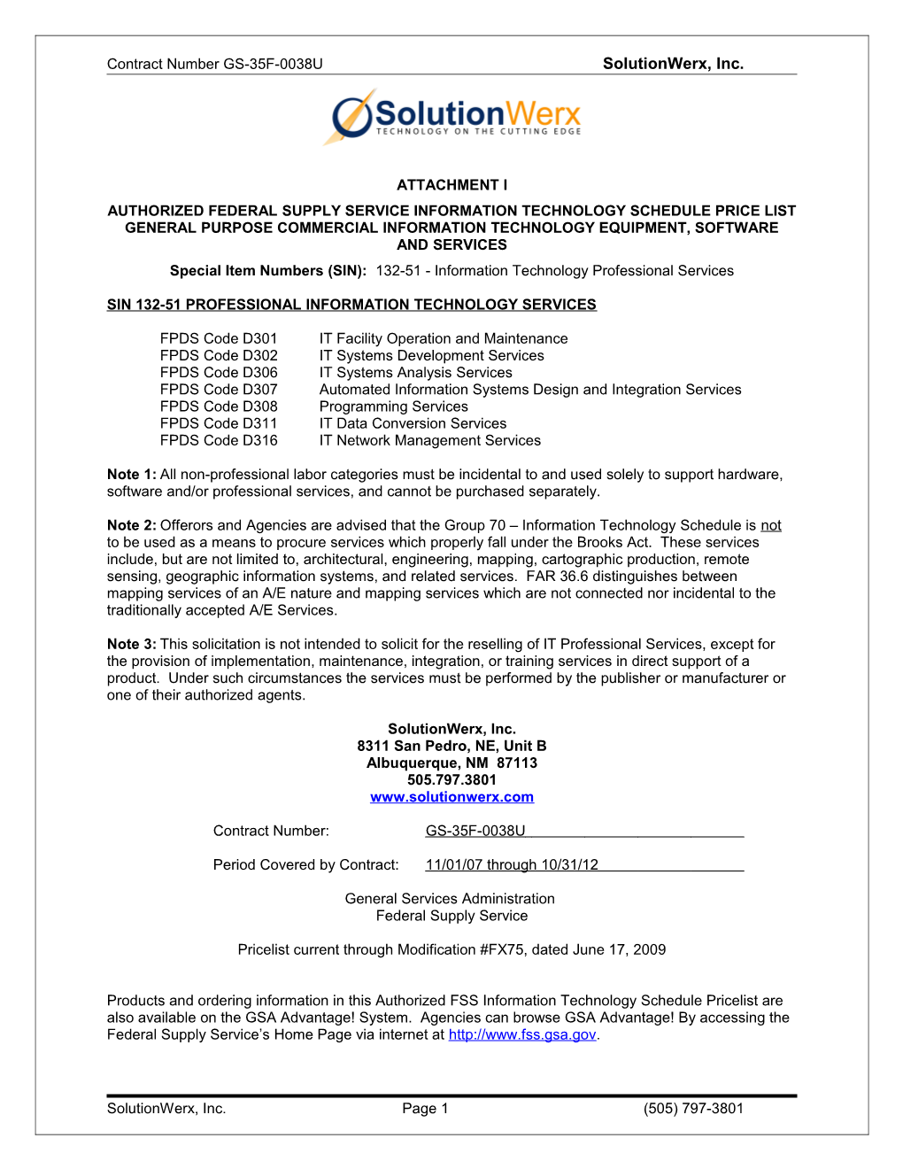 Contract Number GS-35F-0038U Solutionwerx, Inc