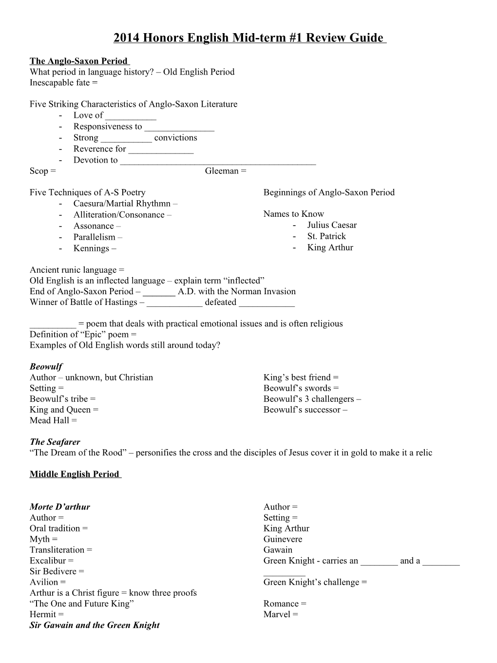 2014 Honors English Mid-Term #1 Review Guide