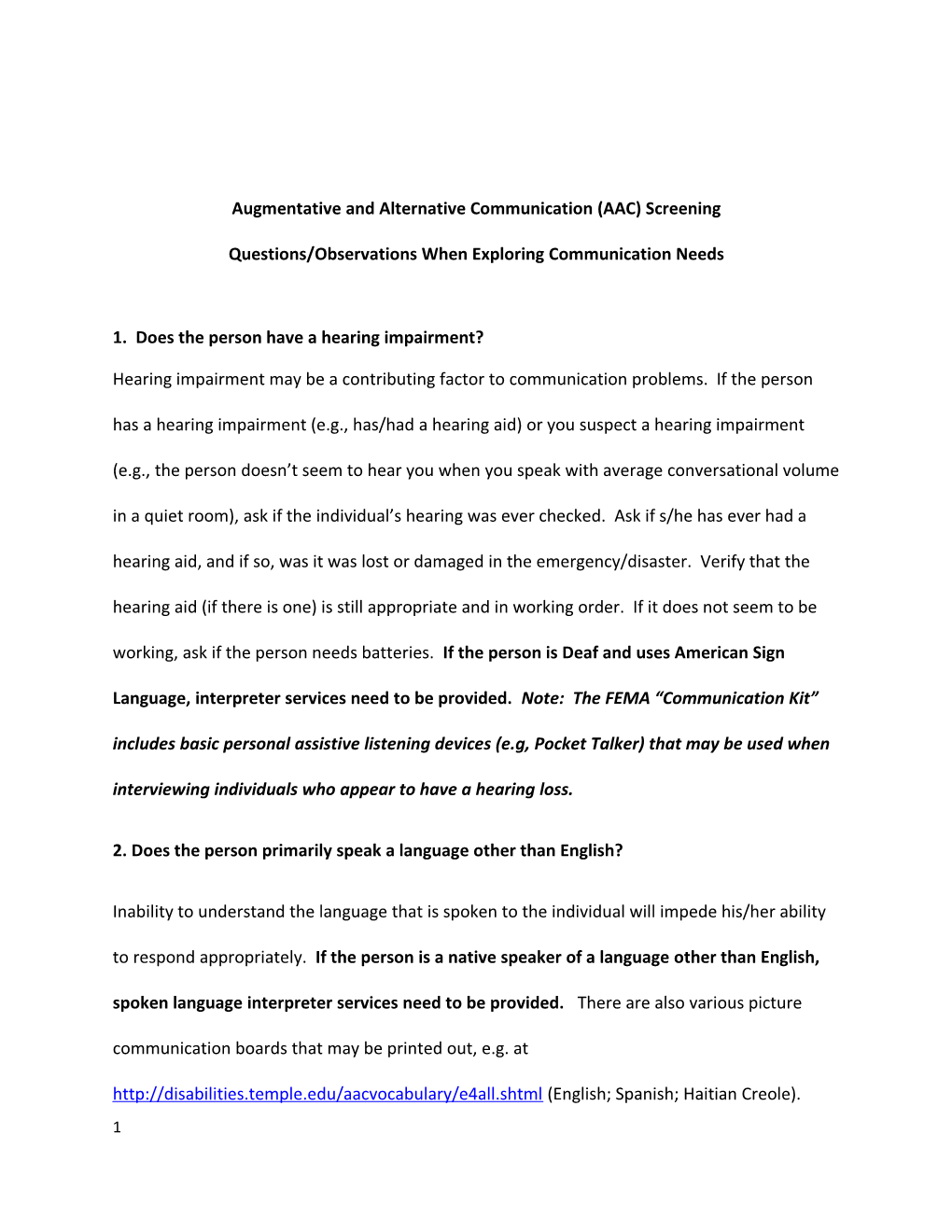 Questions/Observations When Exploring Communication Needs