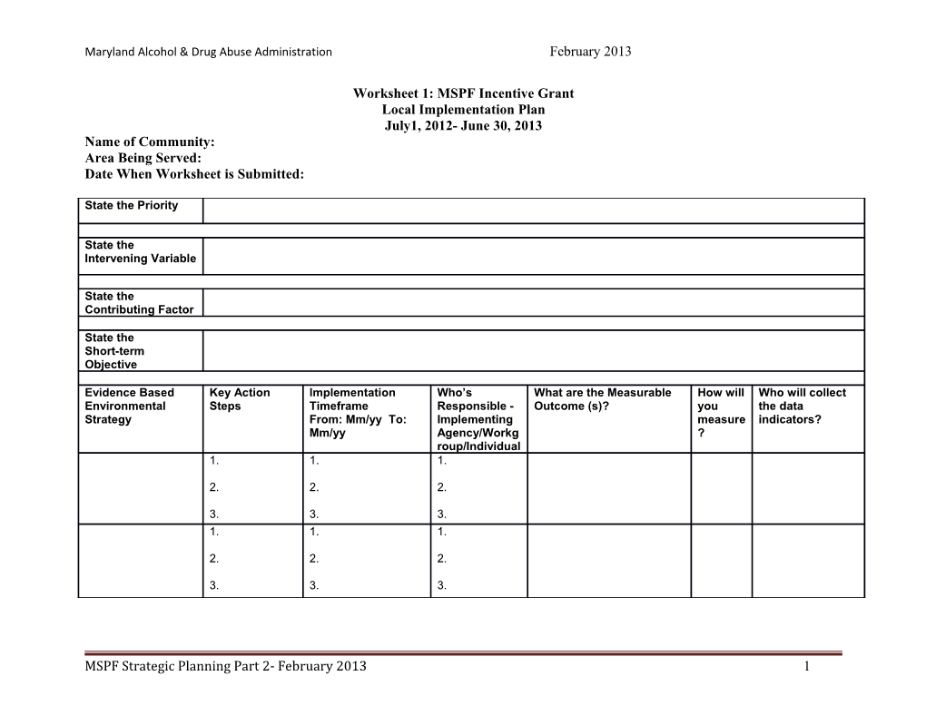 Worksheet 1: MSPF Incentive Grant