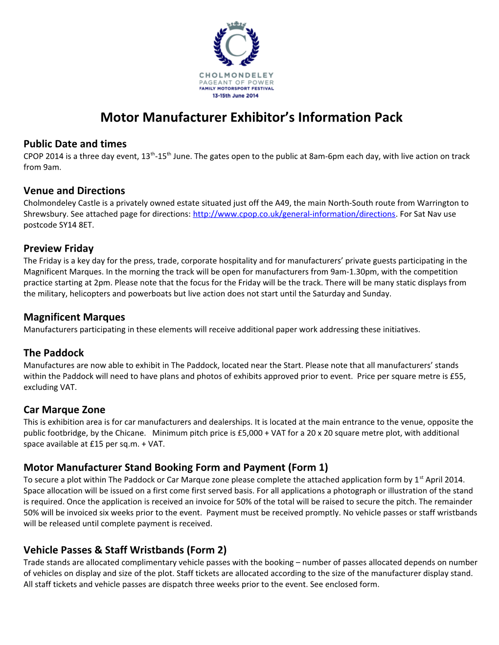 Motor Manufacturer Exhibitor S Information Pack