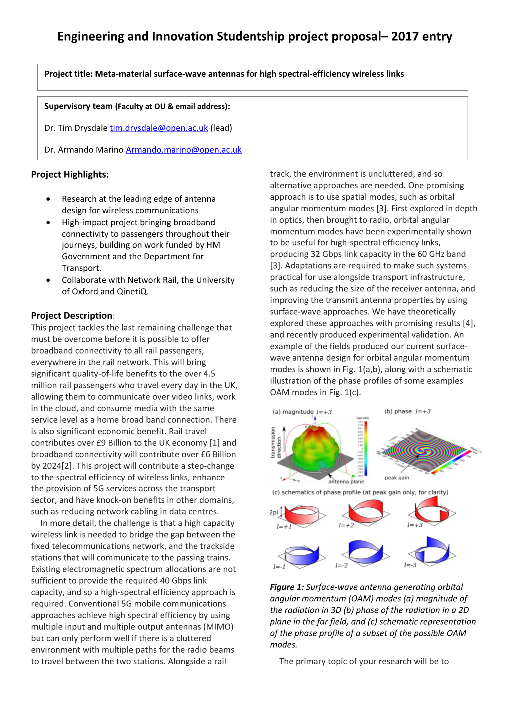 Engineering and Innovation Studentship Project Proposal 2017 Entry