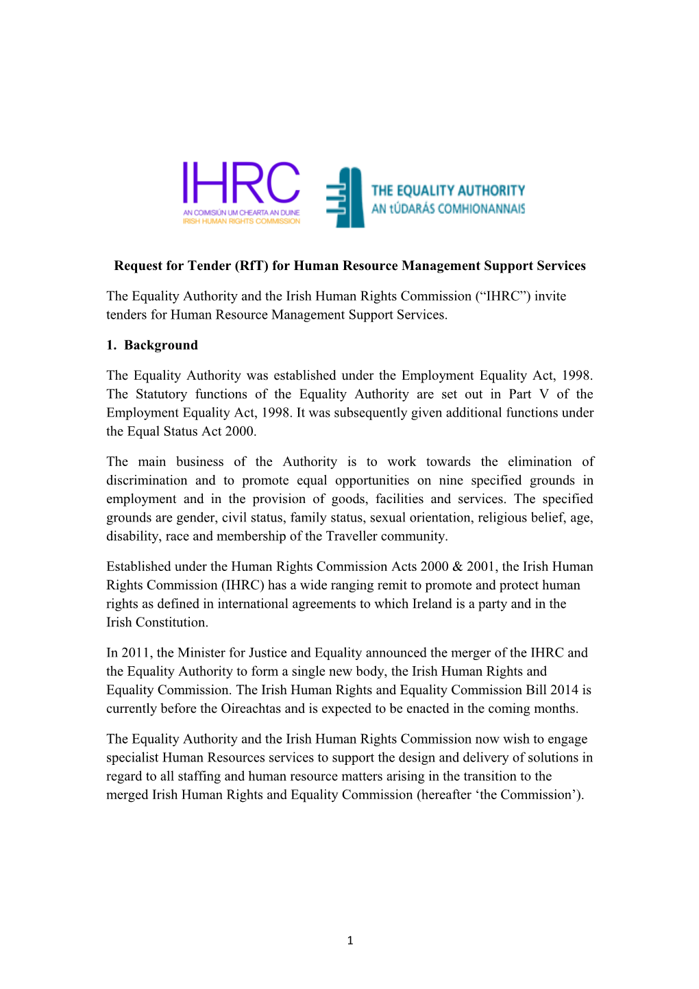 Request for Tender (Rft) for Human Resource Management Supportservices