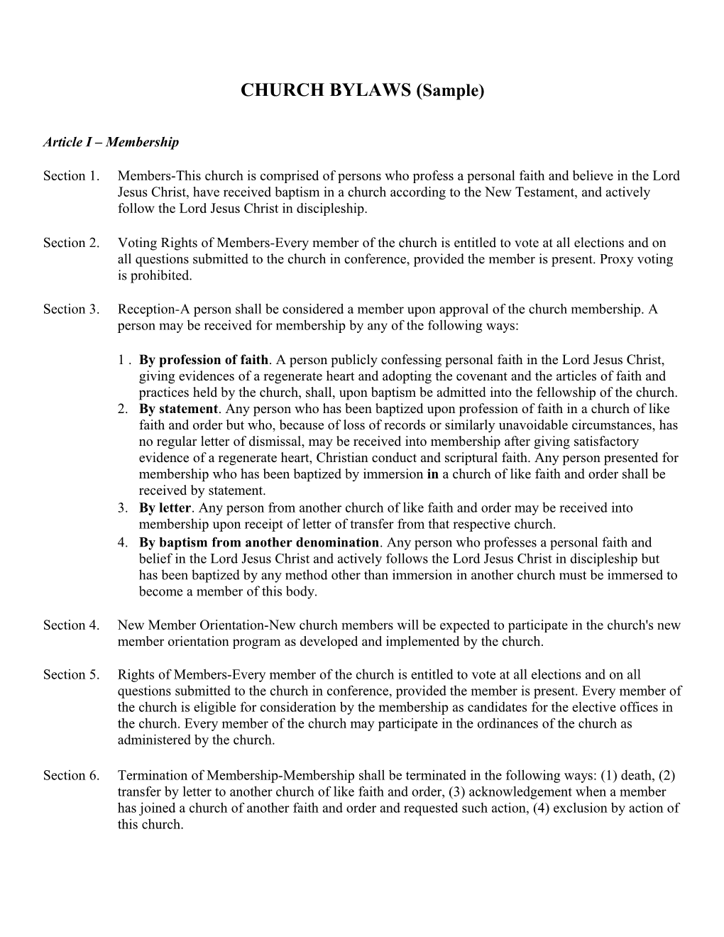 CHURCH BYLAWS (Sample)