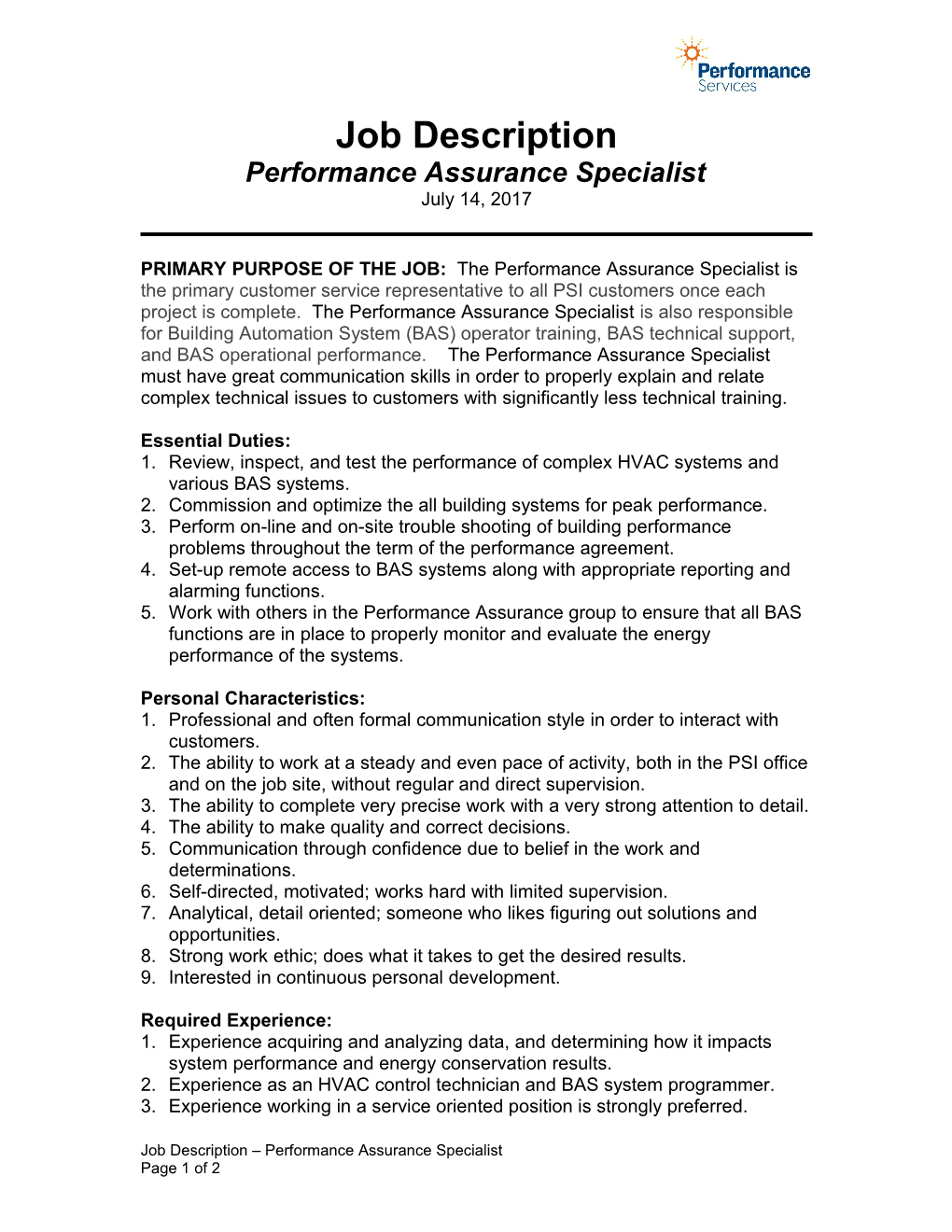 Performance Assurance Specialist
