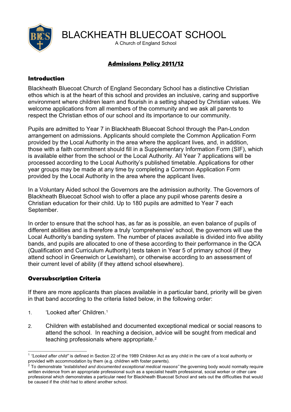 Blackheath Bluecoat Ce Secondary School - Admissions Criteria 2005/06 (Alternative)