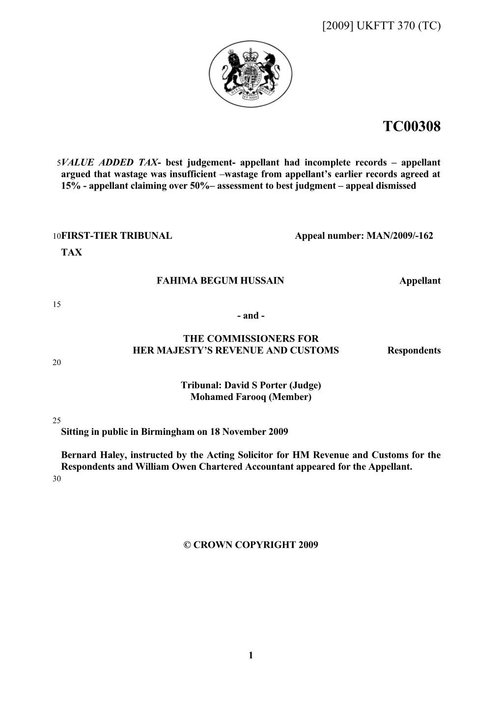 FIRST-TIER TRIBUNAL Appeal Number: MAN/2009/-162