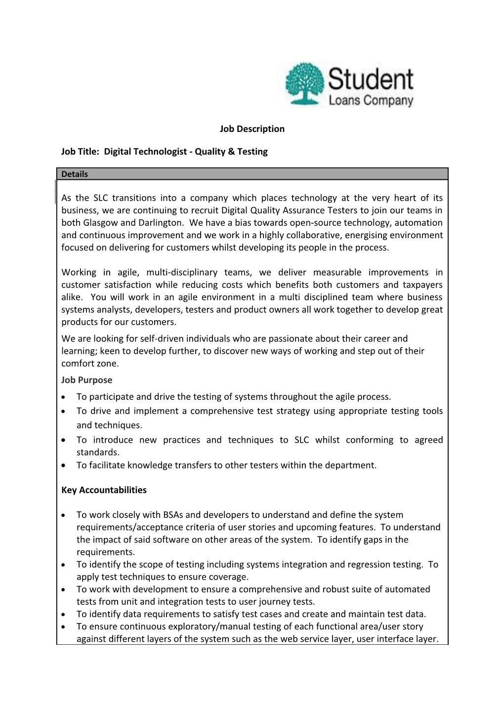 Job Title: Digital Technologist - Quality & Testing