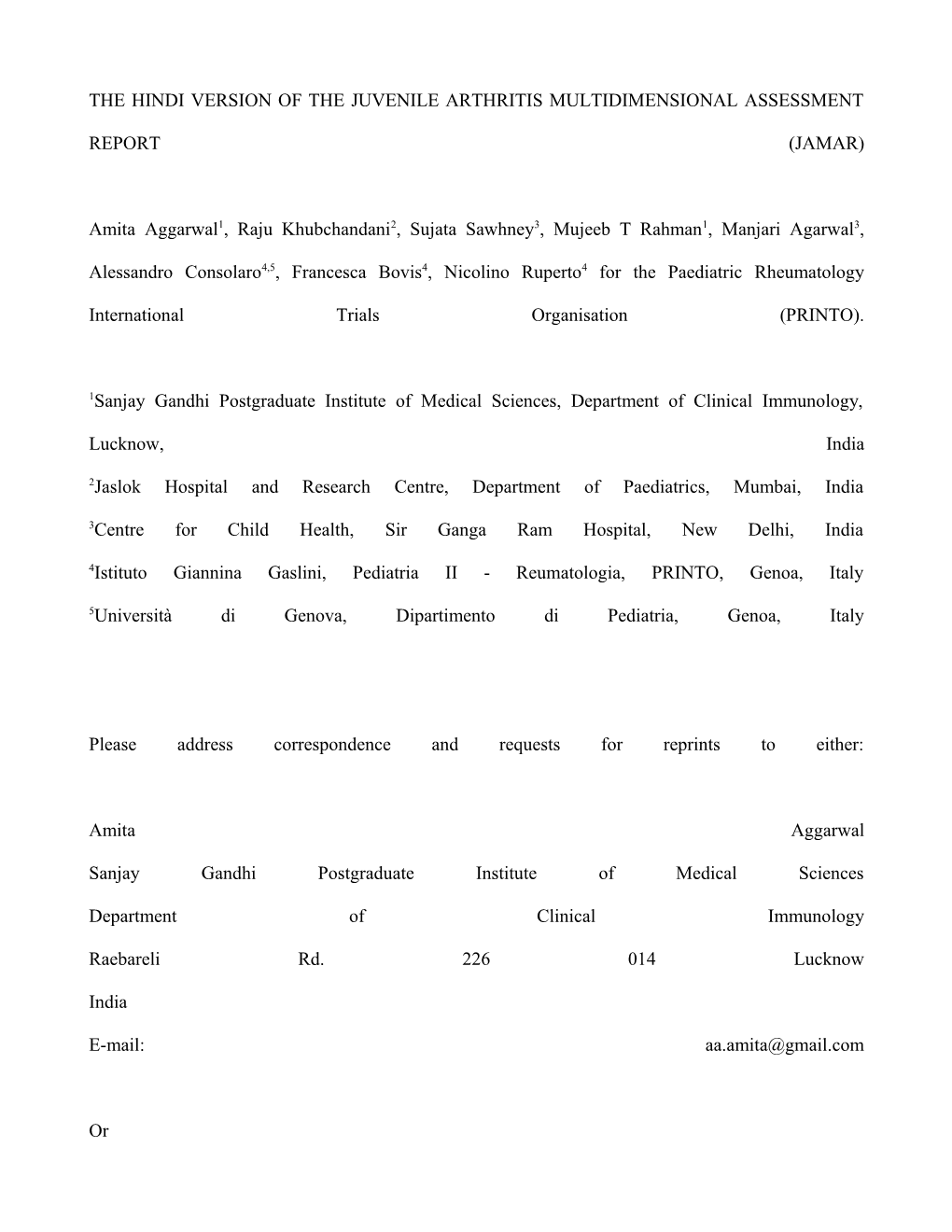 The Hindi Version of the Juvenile Arthritis Multidimensional Assessment Report (Jamar)