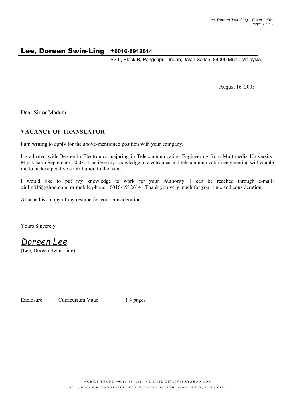 Lee, Doreen Swin-Ling Cover Letter