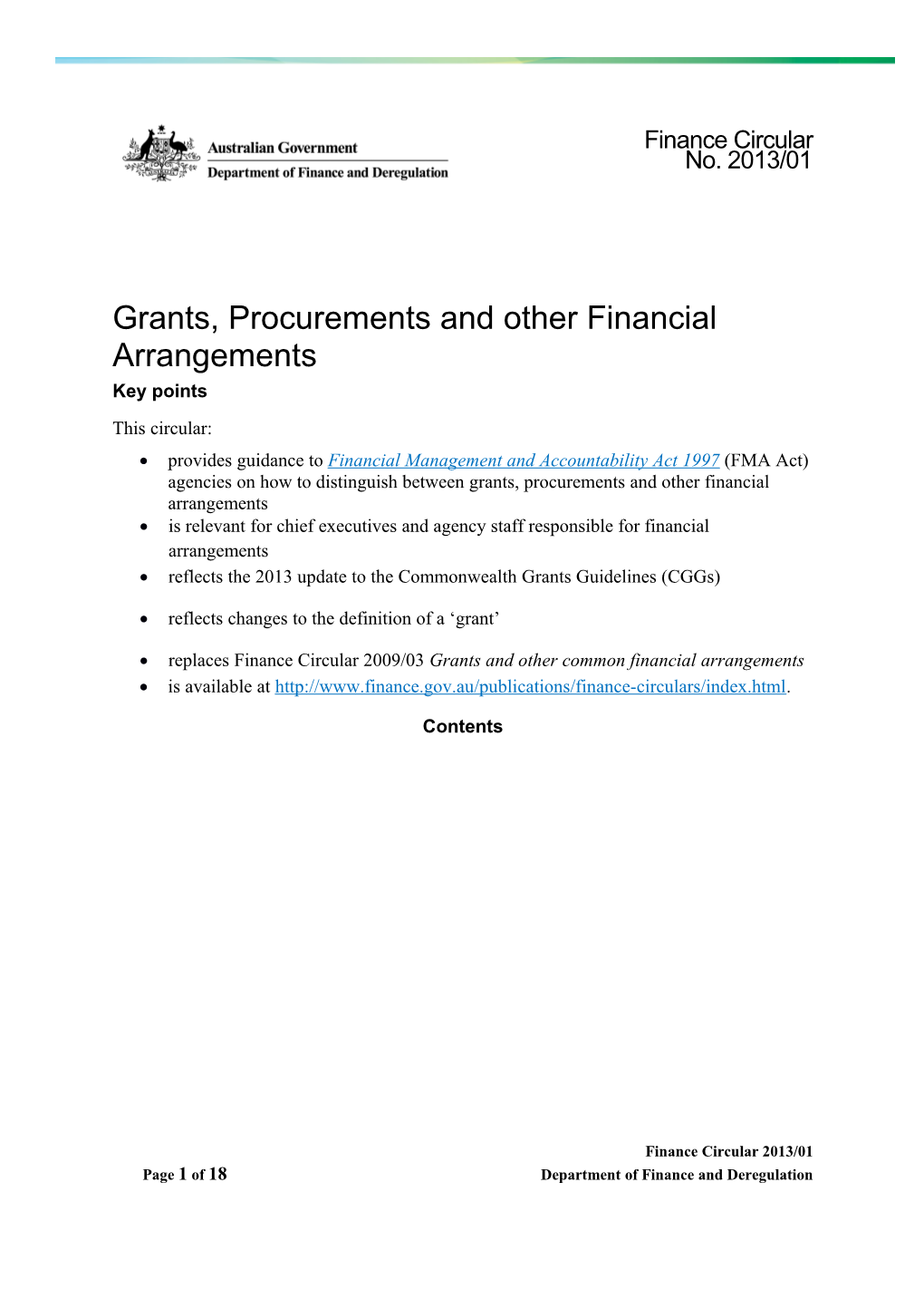 Finance Circular 2013/01 Grants, Procurements and Other Financial Arrangements