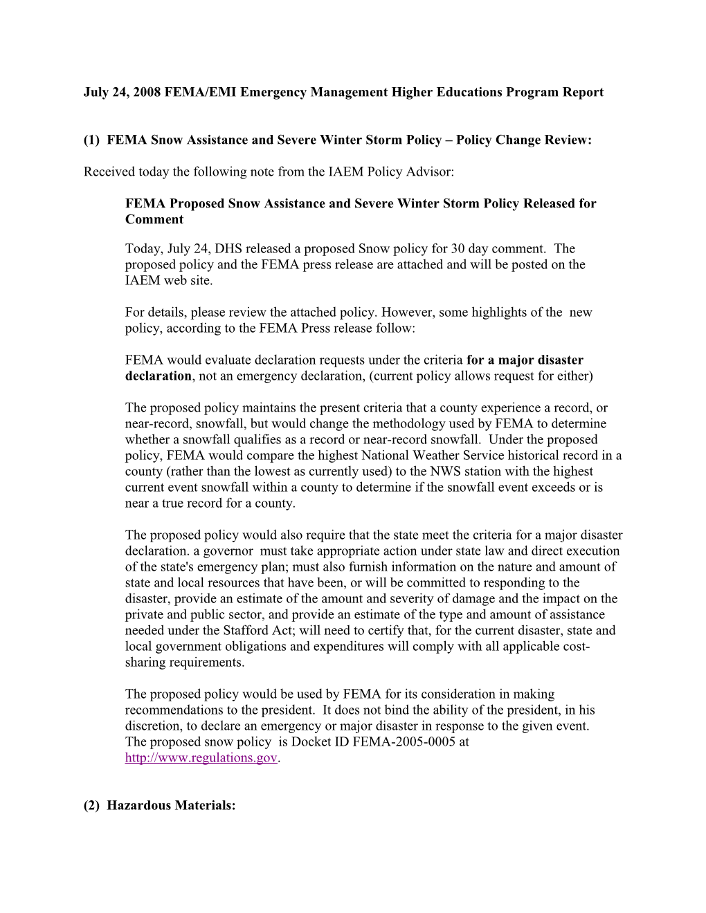 June 30, 2008 FEMA/EMI Emergency Management Higher Educations Program Report